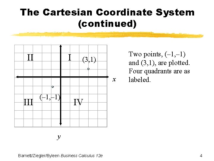 The Cartesian Coordinate System (continued) II I (3, 1) x III (– 1, –
