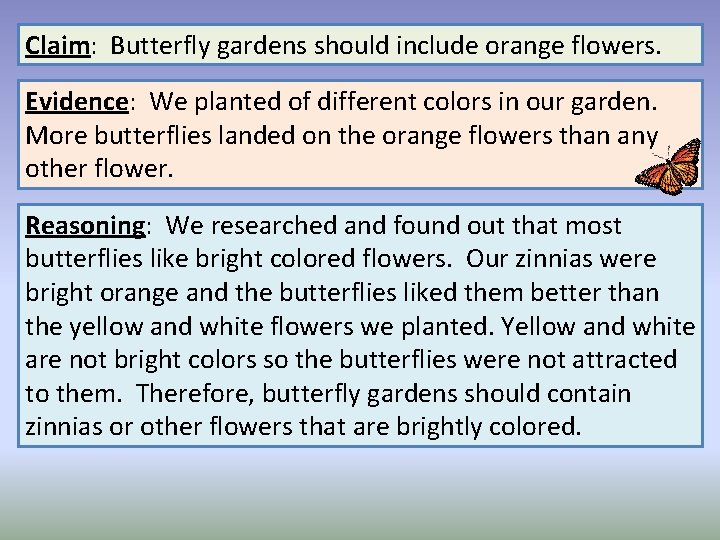 Claim: Butterfly gardens should include orange flowers. Evidence: We planted of different colors in