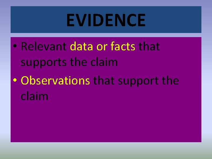 EVIDENCE • Relevant data or facts that supports the claim • Observations that support