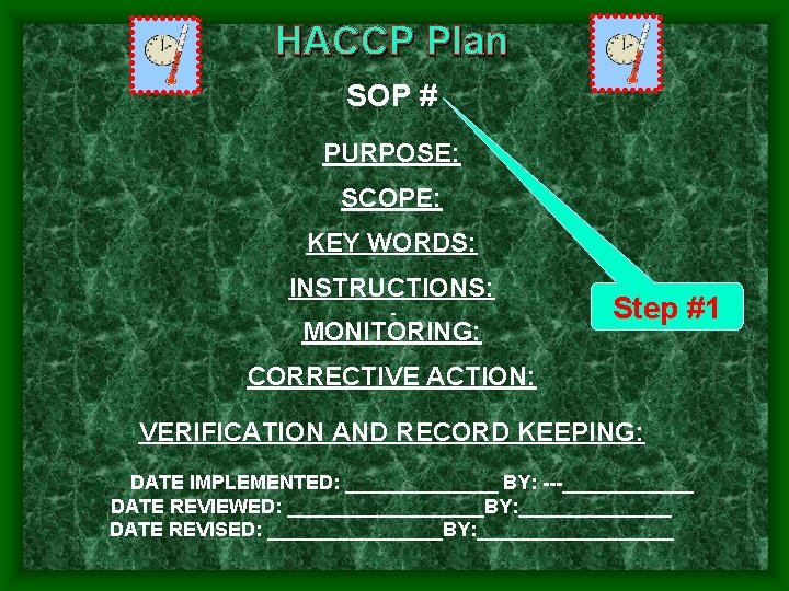 HACCP Plan SOP # PURPOSE: SCOPE: KEY WORDS: INSTRUCTIONS: MONITORING: Step #1 CORRECTIVE ACTION: