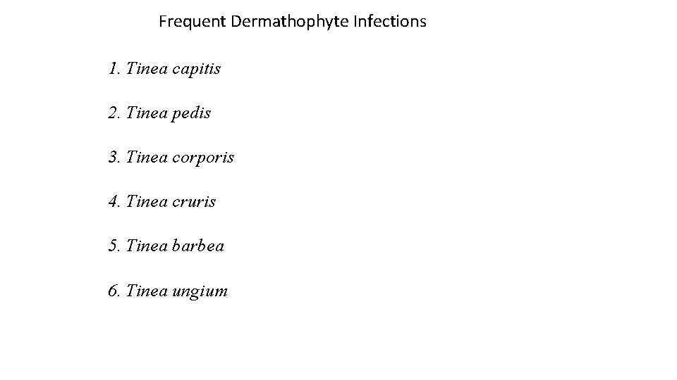 Frequent Dermathophyte Infections 1. Tinea capitis 2. Tinea pedis 3. Tinea corporis 4. Tinea