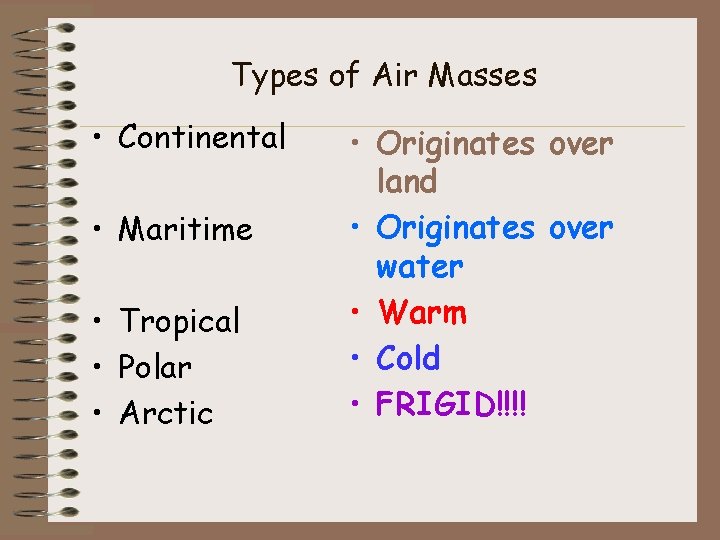 Types of Air Masses • Continental • Maritime • Tropical • Polar • Arctic