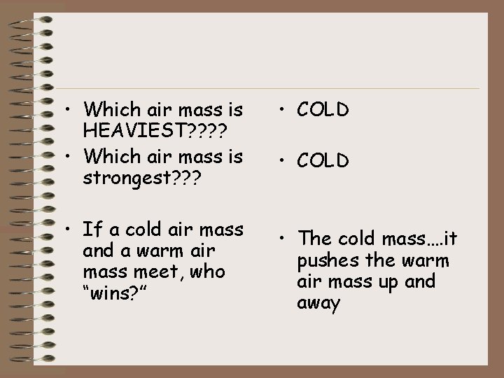  • Which air mass is HEAVIEST? ? • Which air mass is strongest?