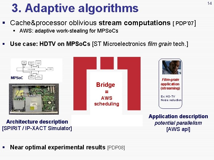 14 3. Adaptive algorithms § Cache&processor oblivious stream computations [ PDP’ 07] § AWS: