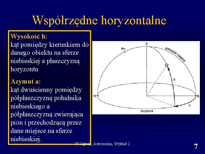Współrzędne horyzontalne Wysokość h: kąt pomiędzy kierunkiem do danego obiektu na sferze niebieskiej a