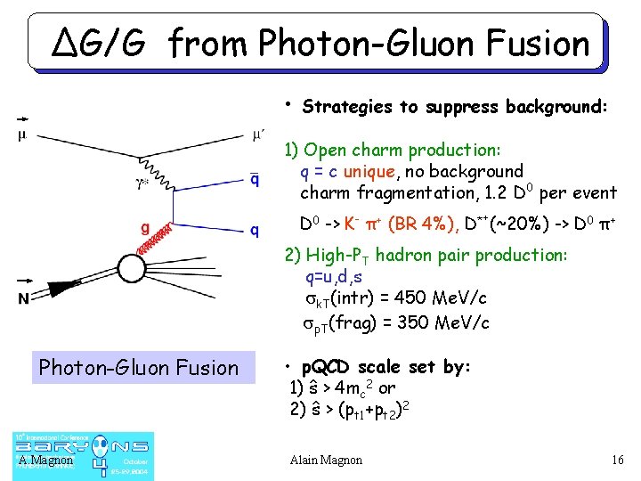 ΔG/G from Photon-Gluon Fusion • Strategies to suppress background: 1) Open charm production: q