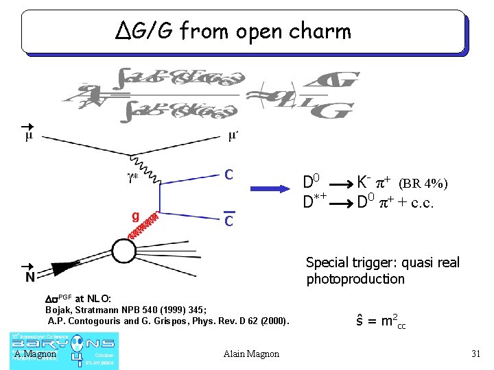 ΔG/G from open charm c c D 0 D* + K- π+ (BR 4%)