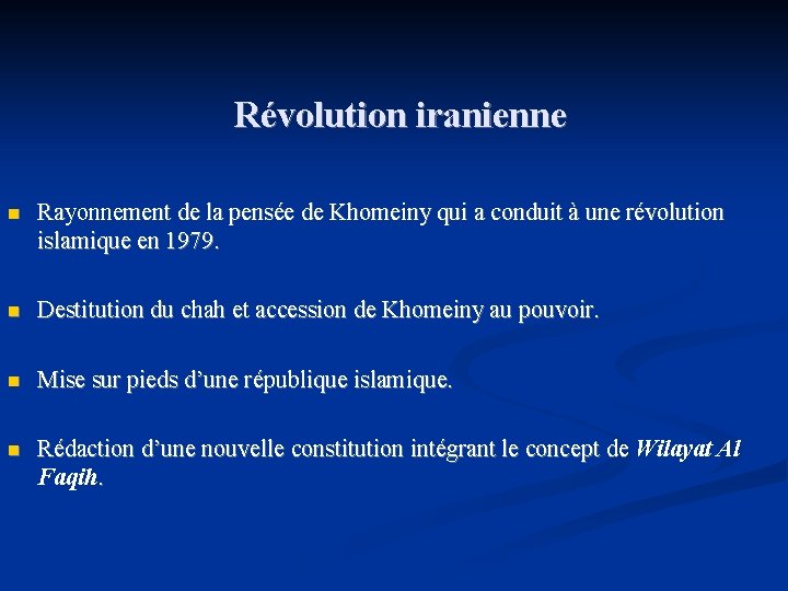 Révolution iranienne n Rayonnement de la pensée de Khomeiny qui a conduit à une