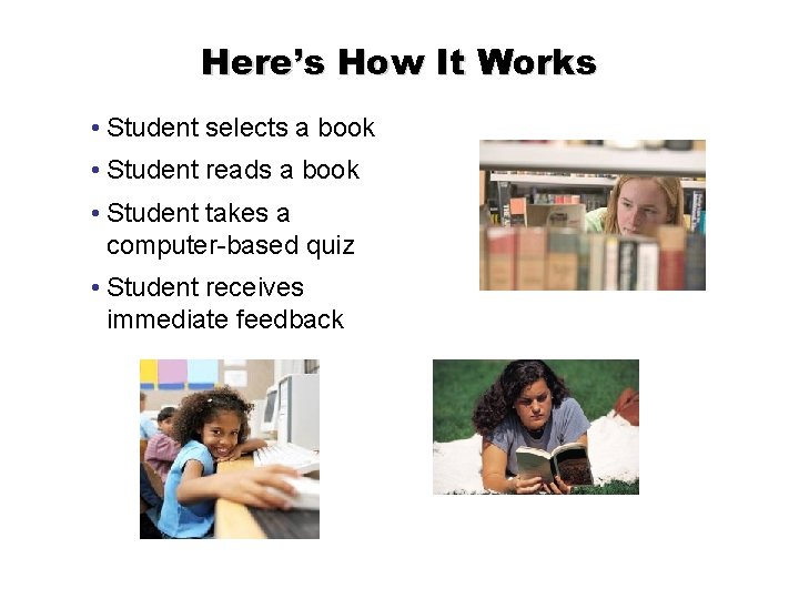 Here’s How It Works • Student selects a book • Student reads a book