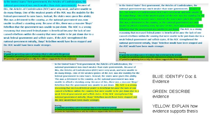 BLUE: IDENTIFY Doc & Evidence GREEN: DESCRIBE evidence YELLOW: EXPLAIN how evidence supports thesis