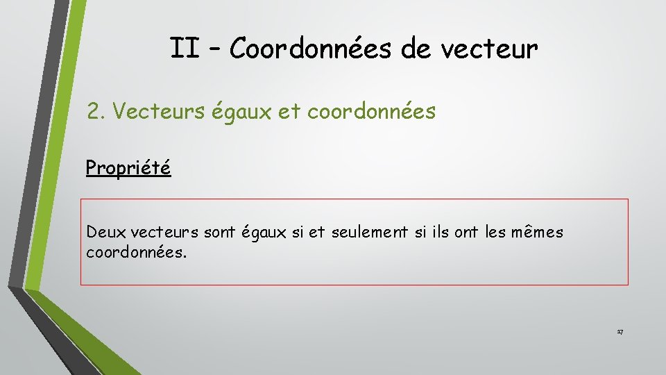 II – Coordonnées de vecteur 2. Vecteurs égaux et coordonnées Propriété Deux vecteurs sont