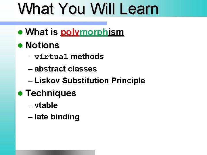 What You Will Learn l What is polymorphism l Notions – virtual methods –