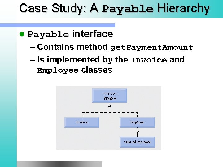 Case Study: A Payable Hierarchy l Payable interface – Contains method get. Payment. Amount