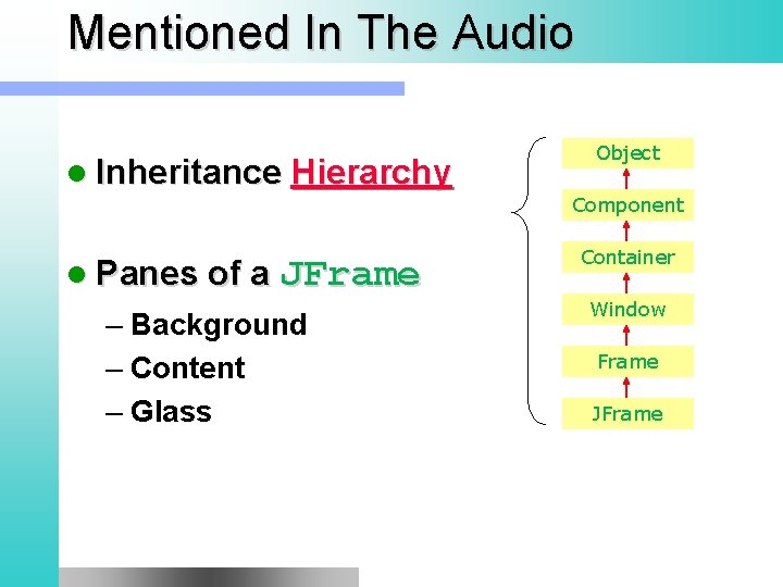 Mentioned In The Audio l Inheritance Hierarchy Object Component l Panes of a JFrame