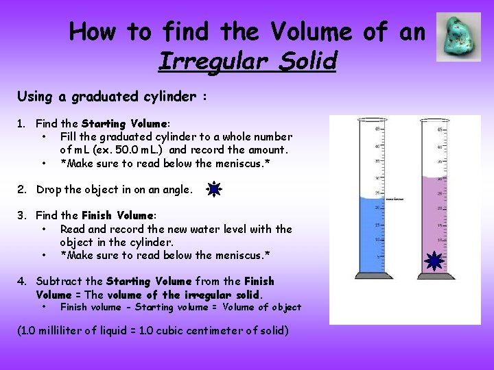 How to find the Volume of an Irregular Solid Using a graduated cylinder :