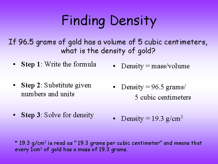 Finding Density If 96. 5 grams of gold has a volume of 5 cubic