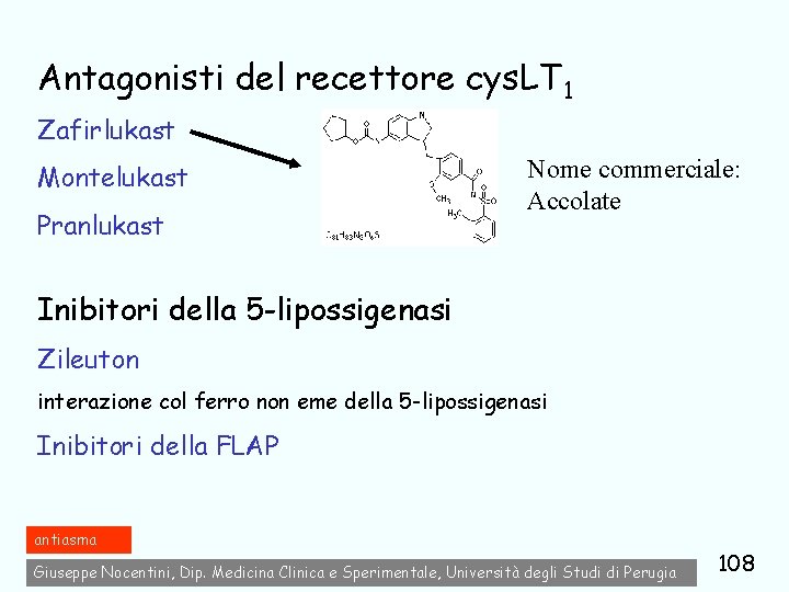 Antagonisti del recettore cys. LT 1 Zafirlukast Montelukast Pranlukast Nome commerciale: Accolate Inibitori della