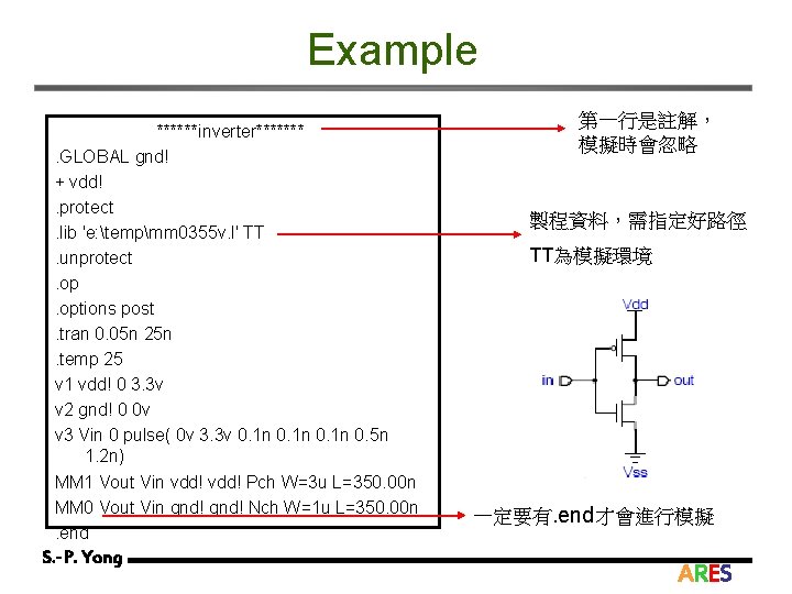 Example ******inverter*******. GLOBAL gnd! + vdd!. protect. lib 'e: tempmm 0355 v. l' TT.