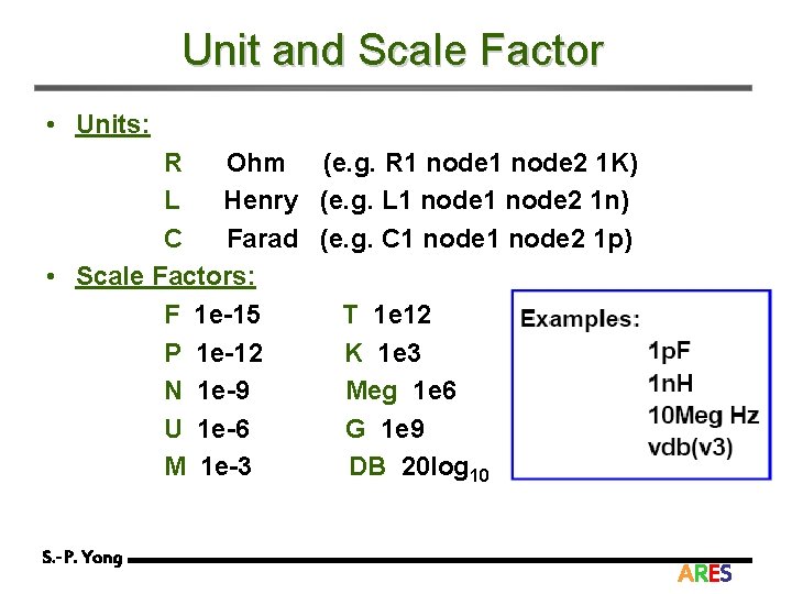 Unit and Scale Factor • Units: R Ohm (e. g. R 1 node 2