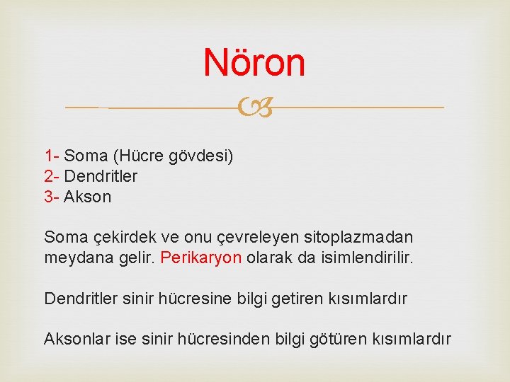 Nöron 1 - Soma (Hücre gövdesi) 2 - Dendritler 3 - Akson Soma çekirdek