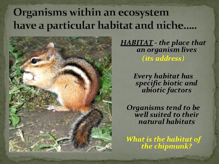 Organisms within an ecosystem have a particular habitat and niche…. . HABITAT - the