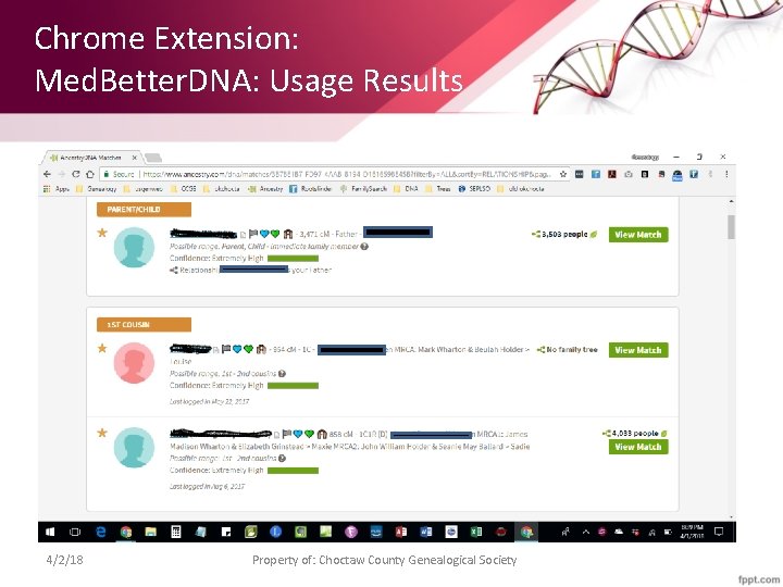 Chrome Extension: Med. Better. DNA: Usage Results • 4/2/18 Property of: Choctaw County Genealogical