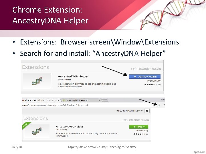 Chrome Extension: Ancestry. DNA Helper • Extensions: Browser screenWindowExtensions • Search for and install: