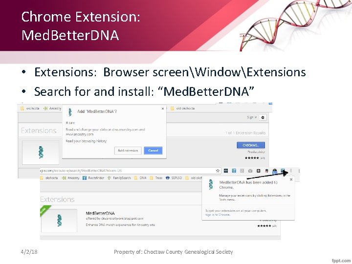 Chrome Extension: Med. Better. DNA • Extensions: Browser screenWindowExtensions • Search for and install: