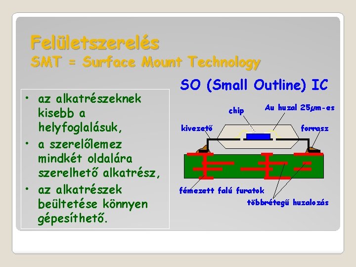 Felületszerelés SMT = Surface Mount Technology • az alkatrészeknek kisebb a helyfoglalásuk, • a