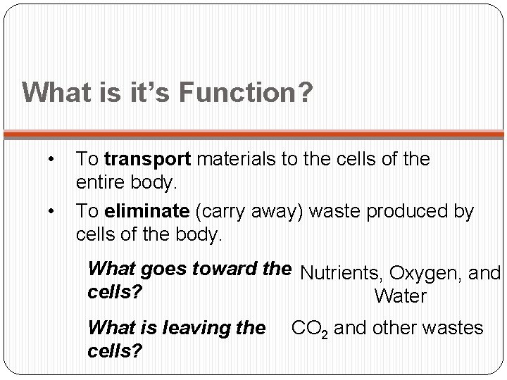 What is it’s Function? • • To transport materials to the cells of the What is it’s Function? • • To transport materials to the cells of the