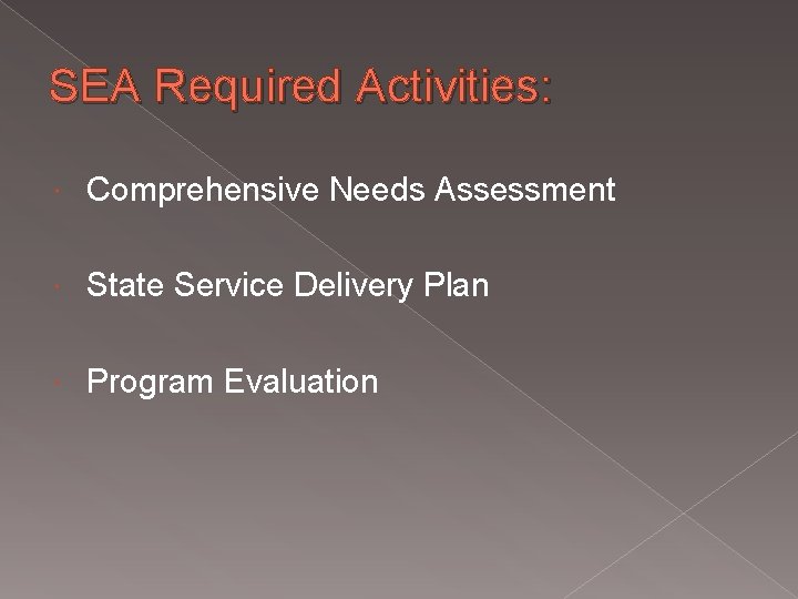 SEA Required Activities: Comprehensive Needs Assessment State Service Delivery Plan Program Evaluation 