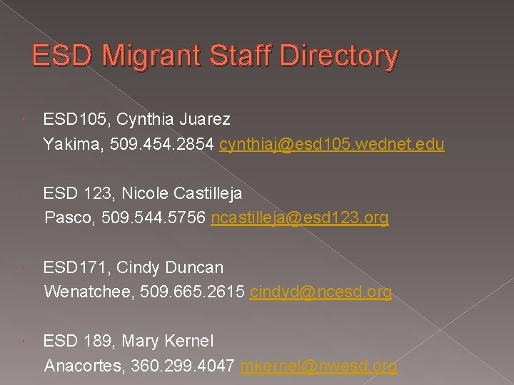 ESD Migrant Staff Directory ESD 105, Cynthia Juarez Yakima, 509. 454. 2854 cynthiaj@esd 105.