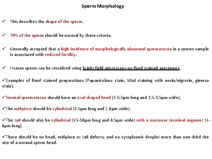 Sperm Morphology ü This describes the shape of the sperm. ü 70% of the