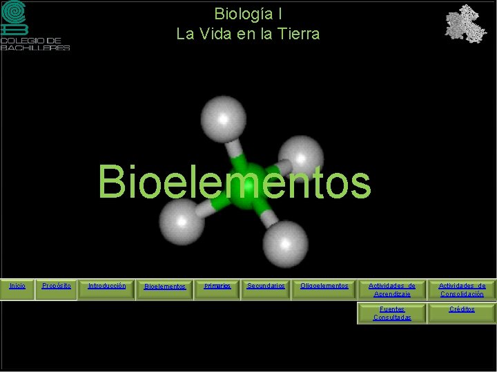 Biología I La Vida en la Tierra Bioelementos Inicio Propósito Introducción Bioelementos Primarios Secundarios