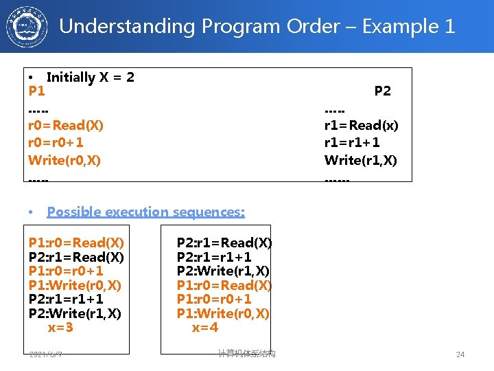 Understanding Program Order – Example 1 • Initially X = 2 P 1 ….