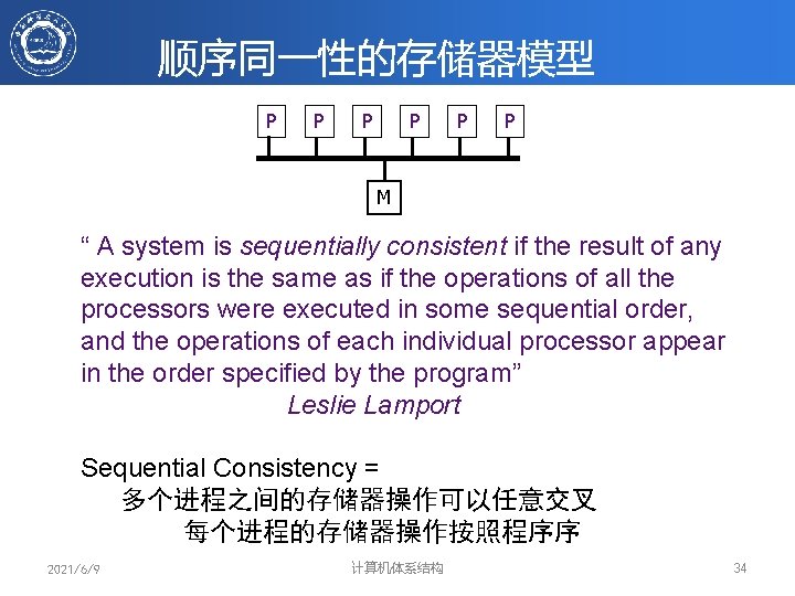 顺序同一性的存储器模型 P P P M “ A system is sequentially consistent if the result