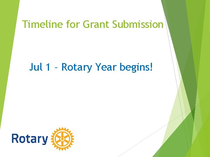 Timeline for Grant Submission Jul 1 – Rotary Year begins! 