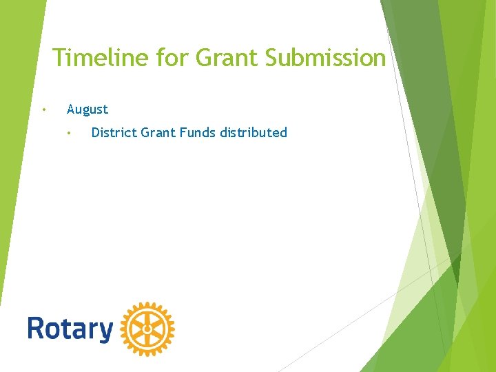 Timeline for Grant Submission • August • District Grant Funds distributed 