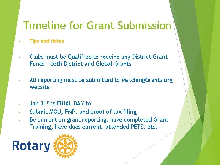 Timeline for Grant Submission • Tips and Notes • Clubs must be Qualified to