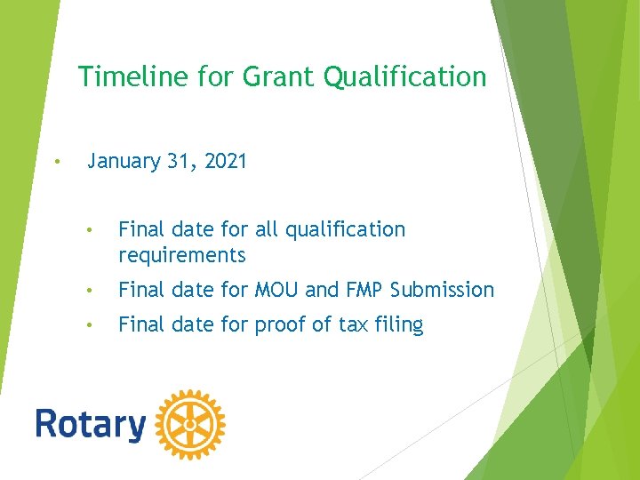 Timeline for Grant Qualification • January 31, 2021 • Final date for all qualification