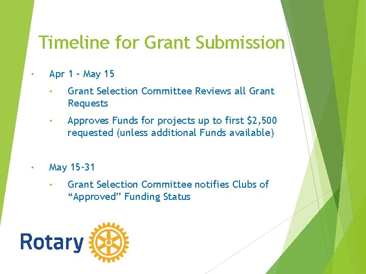 Timeline for Grant Submission • • Apr 1 – May 15 • Grant Selection