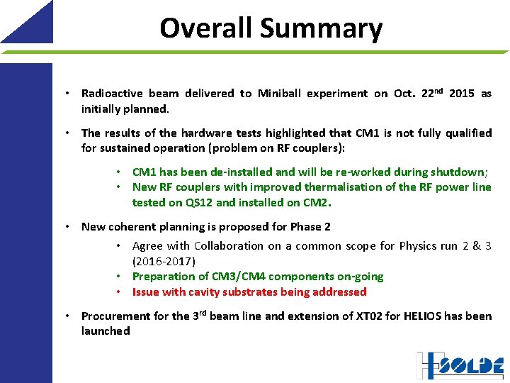 Overall Summary • Radioactive beam delivered to Miniball experiment on Oct. 22 nd 2015