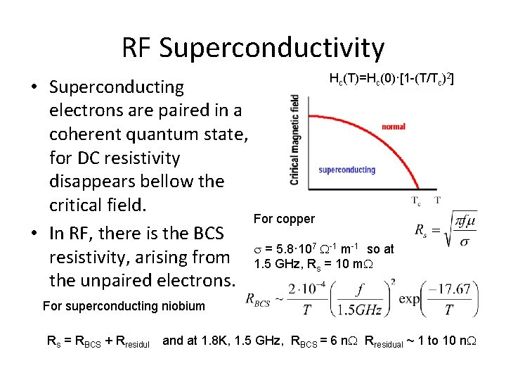 RF Superconductivity Hc(T)=Hc(0)·[1 -(T/Tc)2] • Superconducting electrons are paired in a coherent quantum state,