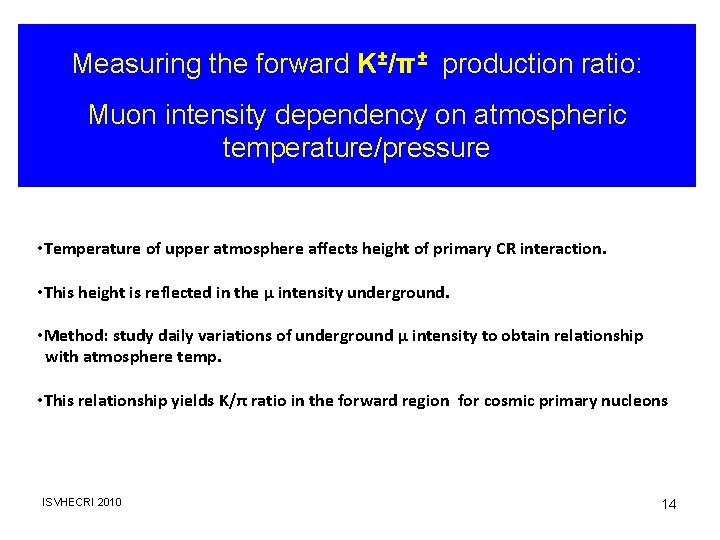 Measuring the forward K±/π± production ratio: Muon intensity dependency on atmospheric temperature/pressure • Temperature