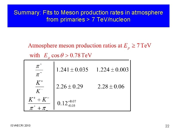 Summary: Fits to Meson production rates in atmosphere from primaries > 7 Te. V/nucleon