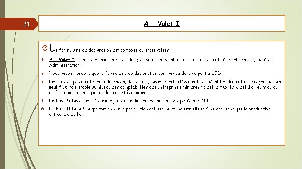 21 A - Volet I Le formulaire de déclaration est composé de trois volets