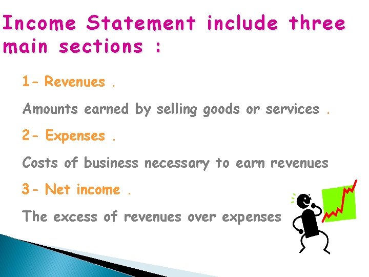 Income Statement include three main sections : 1 - Revenues. Amounts earned by selling