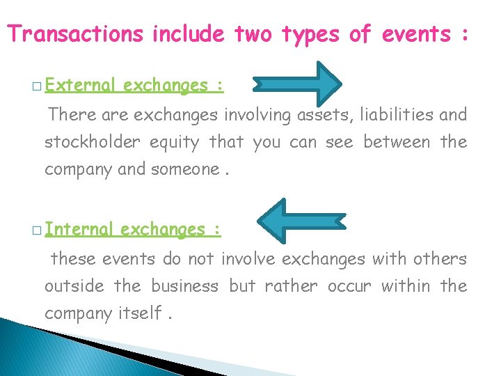 Transactions include two types of events : � External exchanges : There are exchanges