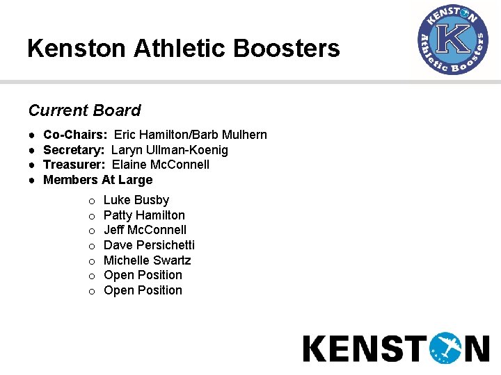 Kenston Athletic Boosters Current Board ● ● Co-Chairs: Eric Hamilton/Barb Mulhern Secretary: Laryn Ullman-Koenig