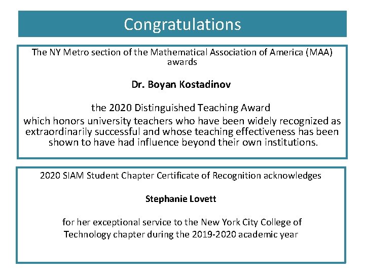 Congratulations The NY Metro section of the Mathematical Association of America (MAA) awards Dr.
